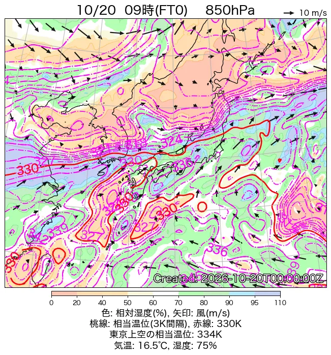 2026年10月20日の日本周辺の850hPa天気図（9時）