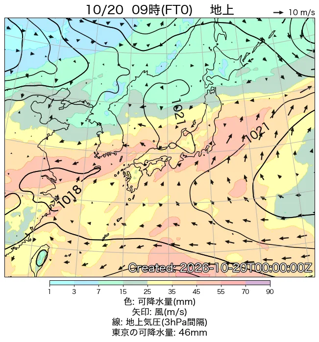 2026年10月20日の日本周辺の地上天気図（9時）