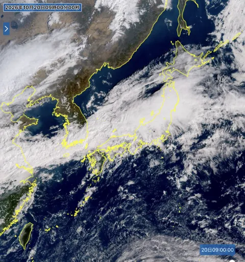 2026年10月20日9時の日本周辺の衛星可視画像
