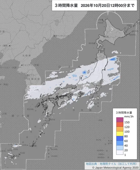 2026年10月20日9〜12時の日本周辺の3時間解析降水量