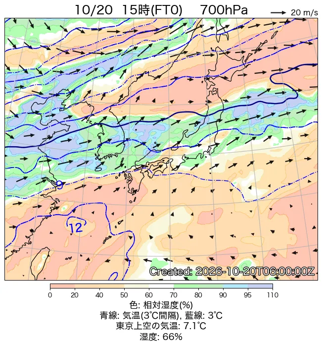 2026年10月20日の日本周辺の700hPa天気図（15時）