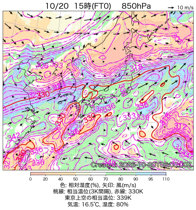 2026年10月20日の日本周辺の850hPa天気図（15時）