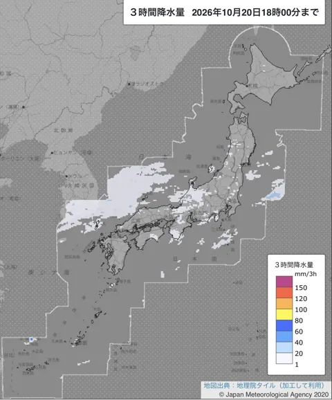 2026年10月20日15〜18時の日本周辺の3時間解析降水量