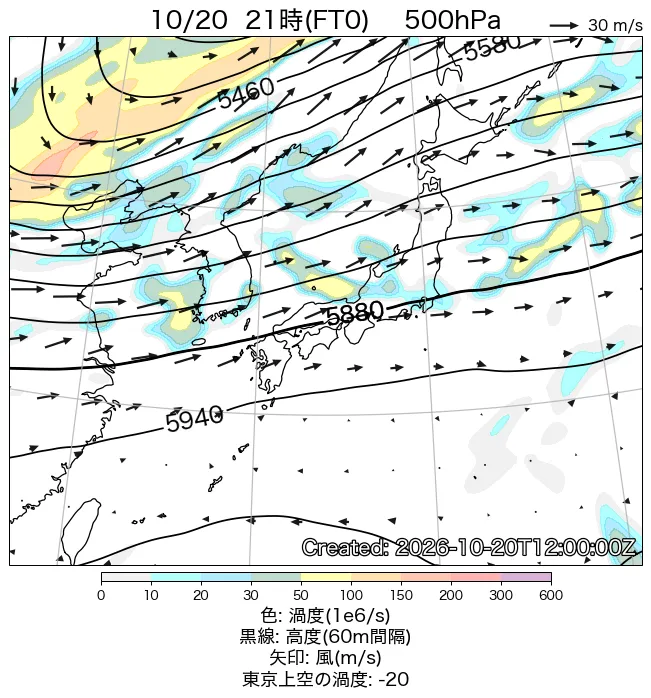 2026年10月20日の日本周辺の500hPa天気図（21時）