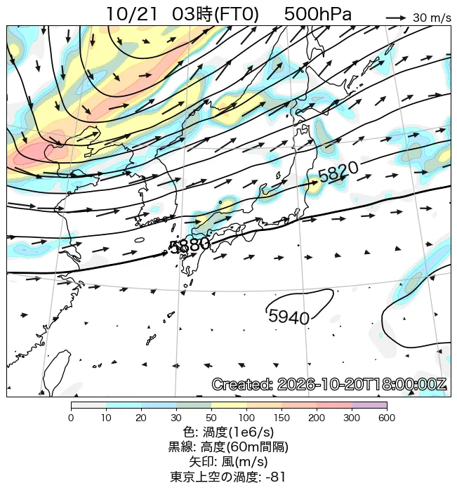 2026年10月21日の日本周辺の500hPa天気図（3時）