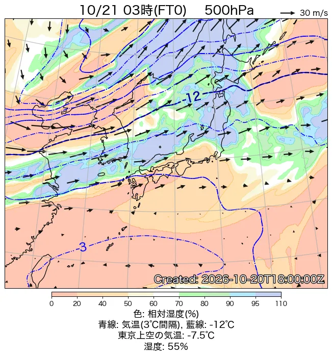 2026年10月21日の日本周辺の500hPa天気図（3時）