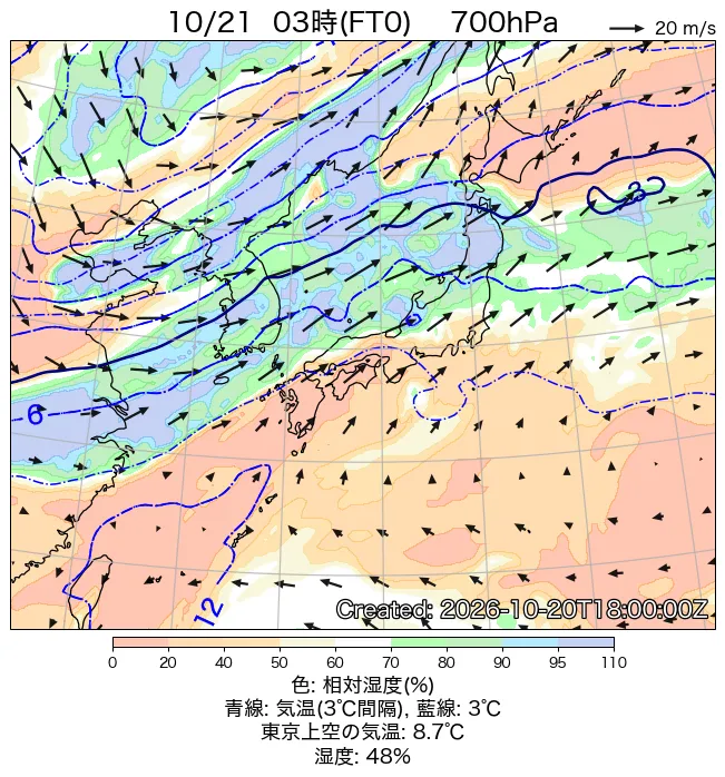 2026年10月21日の日本周辺の700hPa天気図（3時）