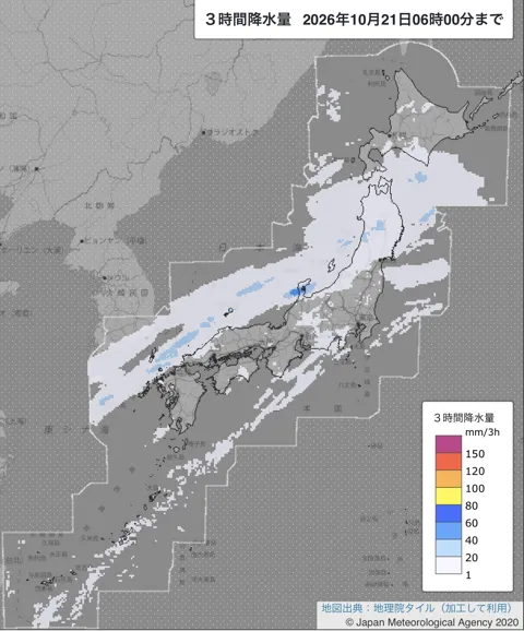 2026年10月21日3〜6時の日本周辺の3時間解析降水量