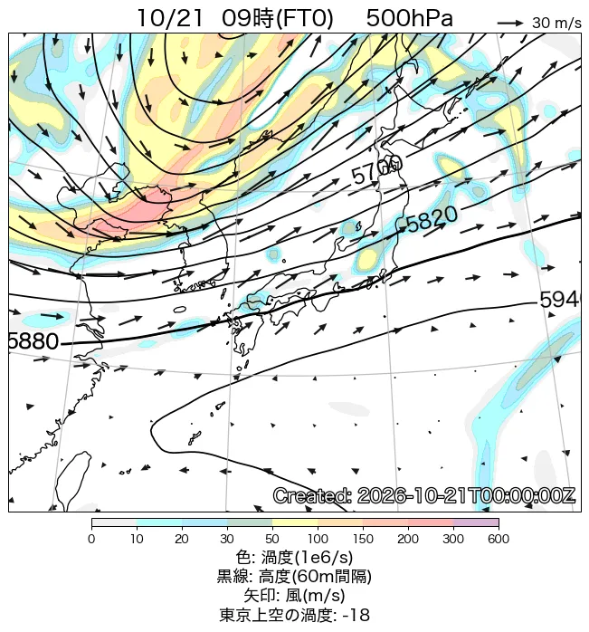 2026年10月21日の日本周辺の500hPa天気図（9時）