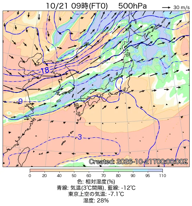 2026年10月21日の日本周辺の500hPa天気図（9時）