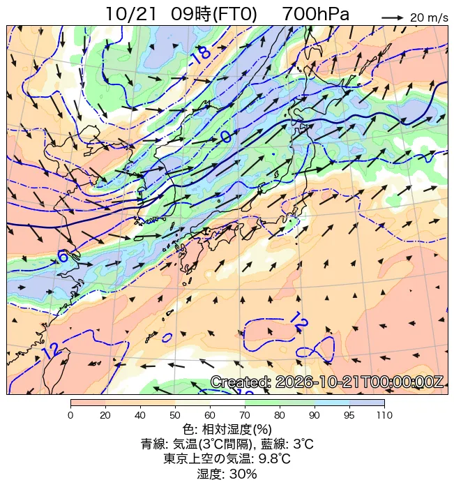 2026年10月21日の日本周辺の700hPa天気図（9時）