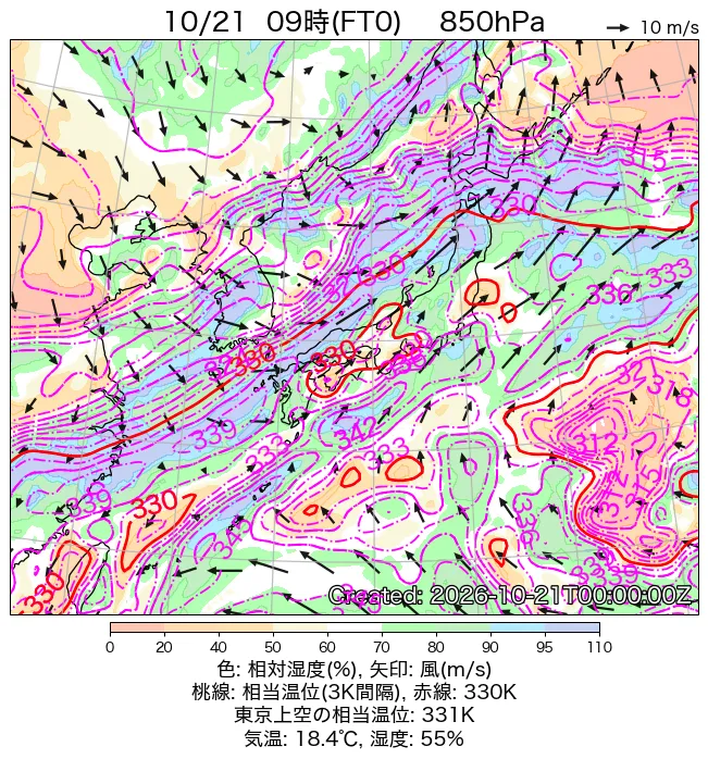 2026年10月21日の日本周辺の850hPa天気図（9時）
