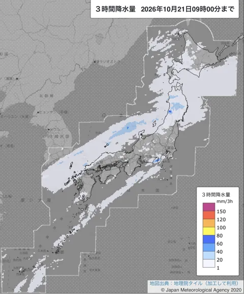 2026年10月21日6〜9時の日本周辺の3時間解析降水量