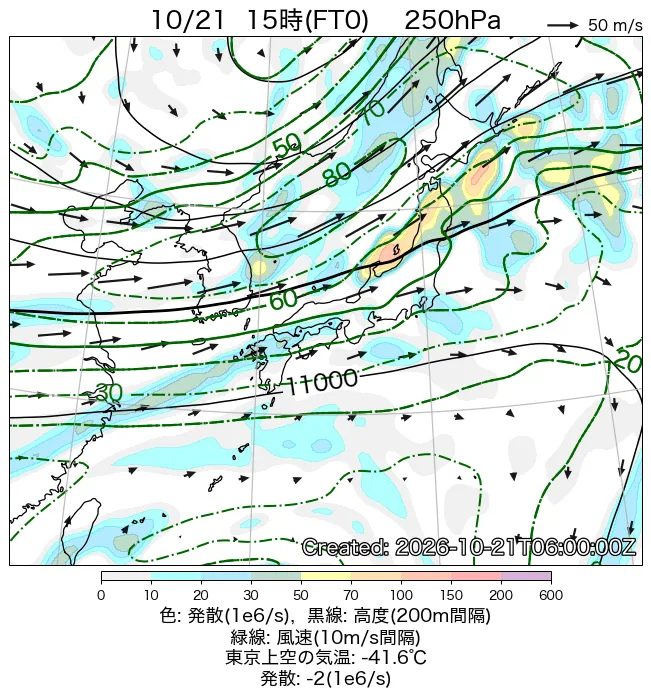 2026年10月21日の日本周辺の250hPa天気図（15時）