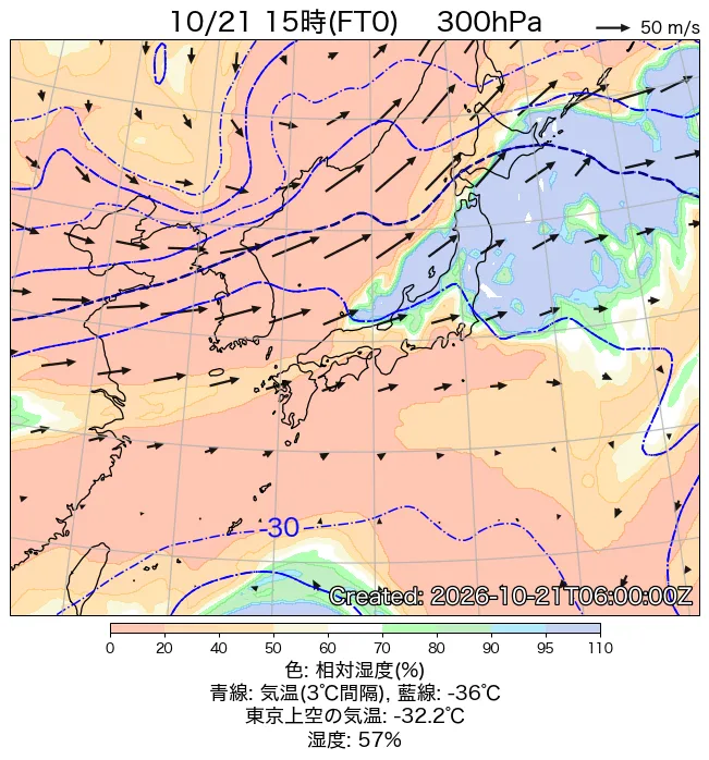 2026年10月21日の日本周辺の300hPa天気図（15時）