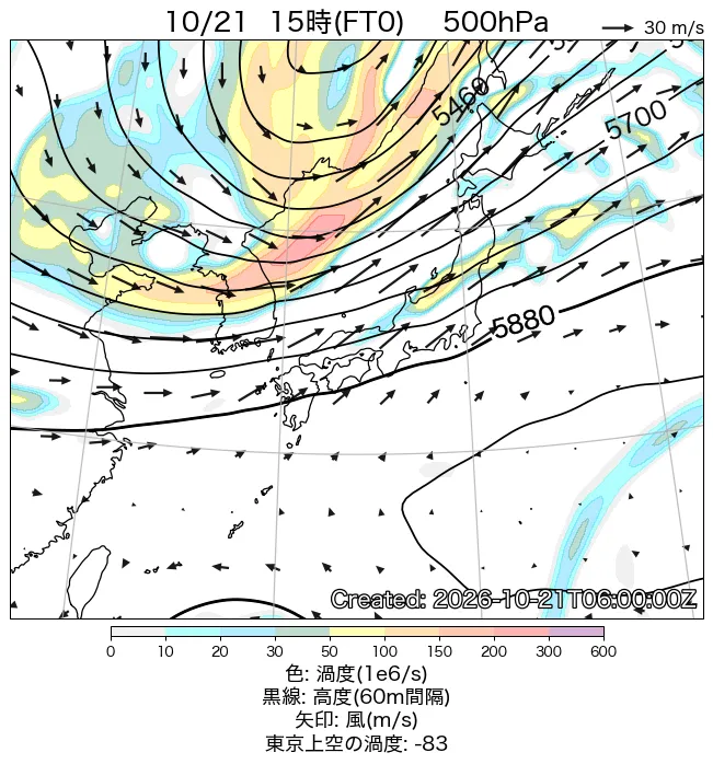 2026年10月21日の日本周辺の500hPa天気図（15時）