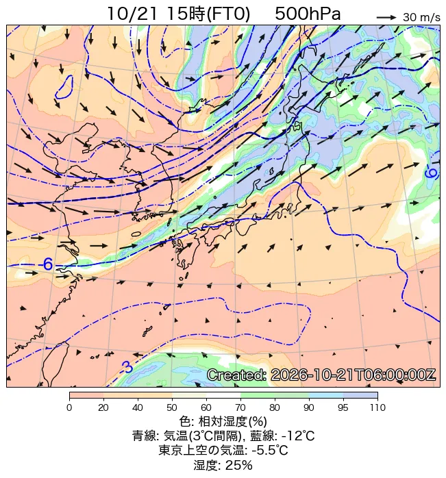 2026年10月21日の日本周辺の500hPa天気図（15時）