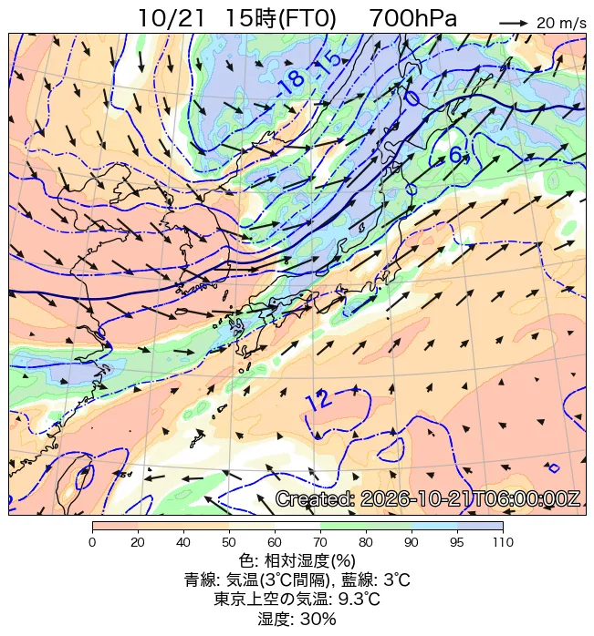 2026年10月21日の日本周辺の700hPa天気図（15時）