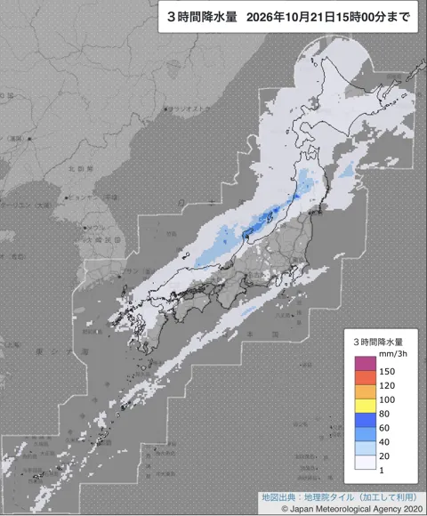 2026年10月21日12〜15時の日本周辺の3時間解析降水量