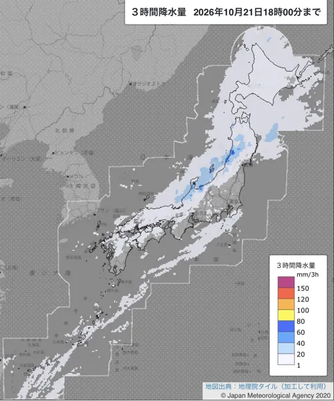 2026年10月21日15〜18時の日本周辺の3時間解析降水量