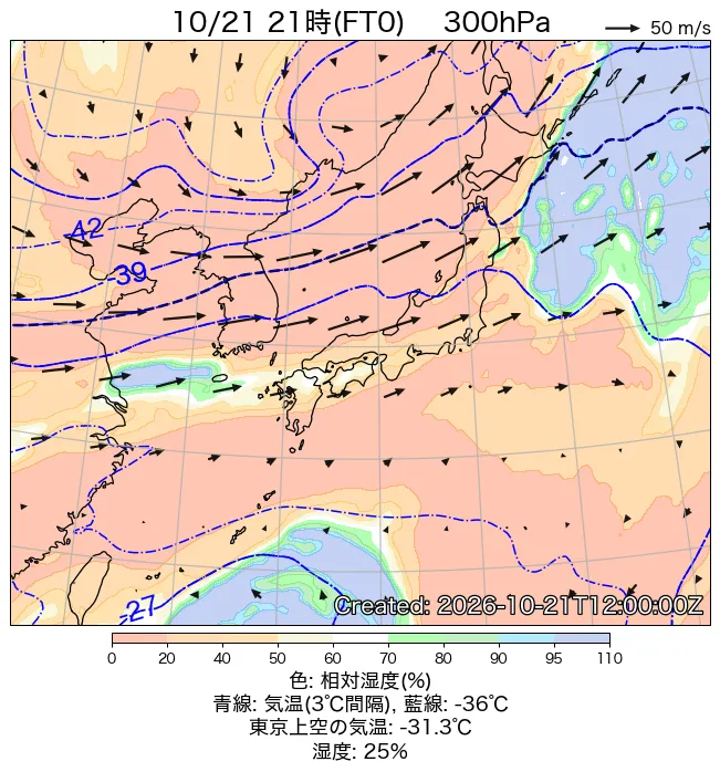 2026年10月21日の日本周辺の300hPa天気図（21時）