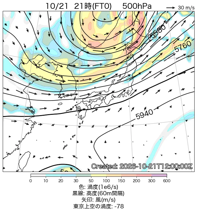 2026年10月21日の日本周辺の500hPa天気図（21時）
