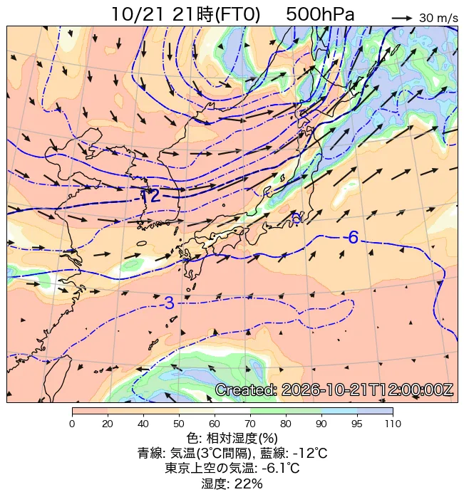 2026年10月21日の日本周辺の500hPa天気図（21時）