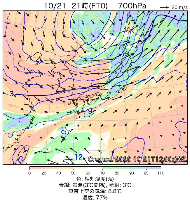 2026年10月21日の日本周辺の700hPa天気図（21時）