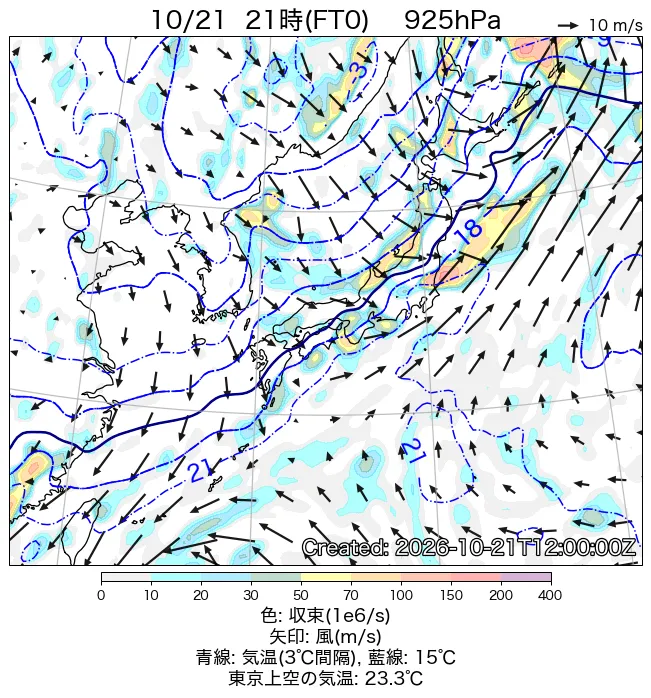 2026年10月21日の日本周辺の925hPa天気図（21時）