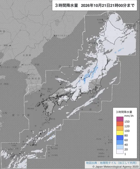 2026年10月21日18〜21時の日本周辺の3時間解析降水量