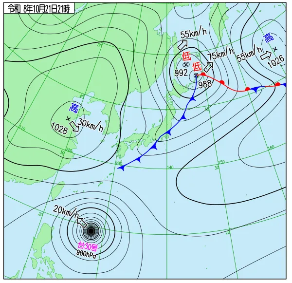 2026年10月21日21時の速報天気図