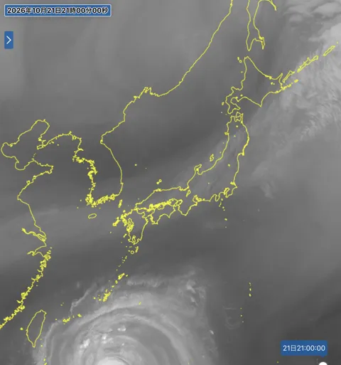 2026年10月21日21時の日本周辺の衛星水蒸気画像