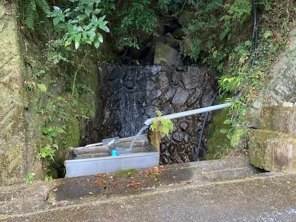 下園妙見様湧水の手前の道の湧水の写真