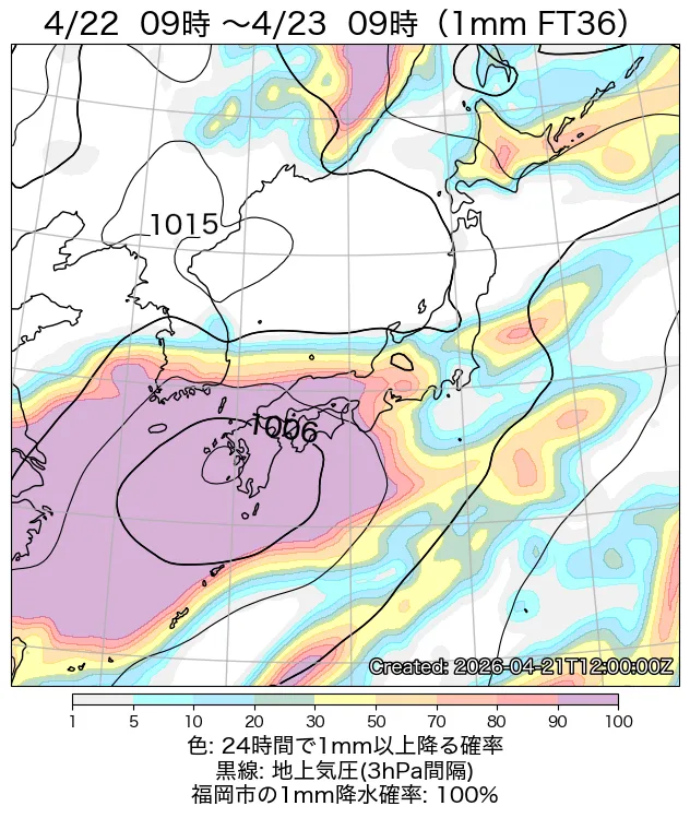 2026年4月22日9時〜23日9時に1ミリ以上の降水が降る確率の図
