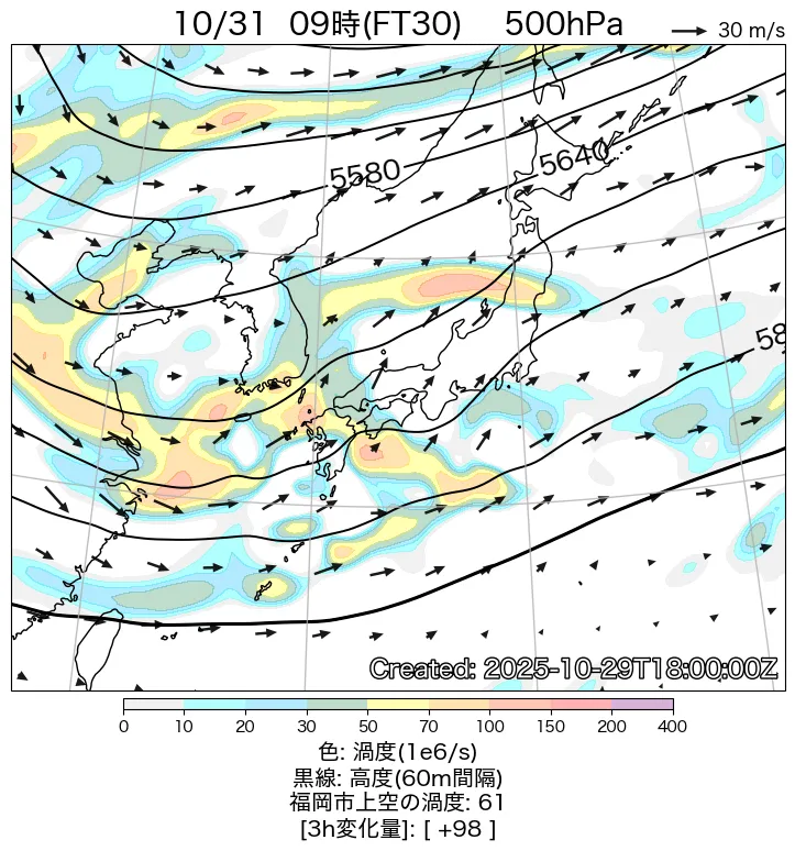 2025年10月31日9時の500hPa予想天気図