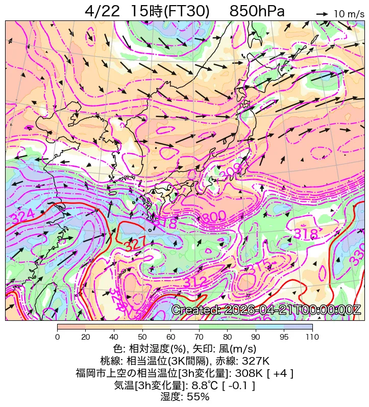 2026年4月22日15時の850hPa予想天気図