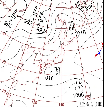 2025年7月2日9時の地上天気図