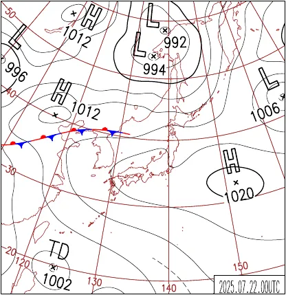 2025年7月22日9時の地上天気図