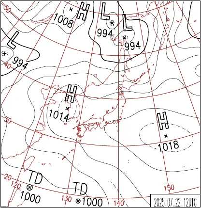 2025年7月22日21時の地上天気図