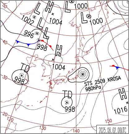 2025年8月2日9時の地上天気図