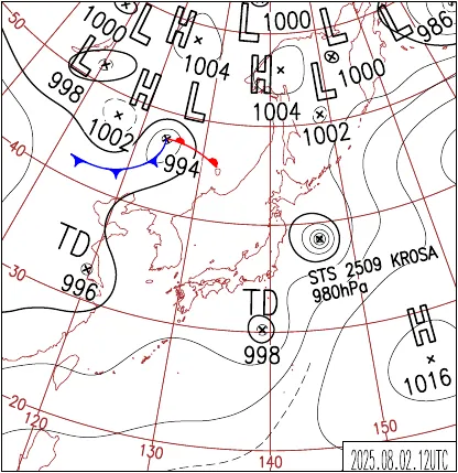 2025年8月2日21時の地上天気図