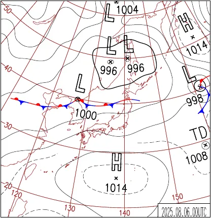 2025年8月6日9時の地上天気図