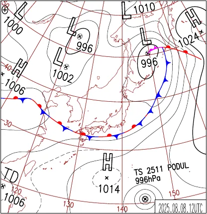 2025年8月8日21時の地上天気図