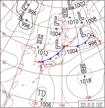 2025年9月2日21時の地上天気図
