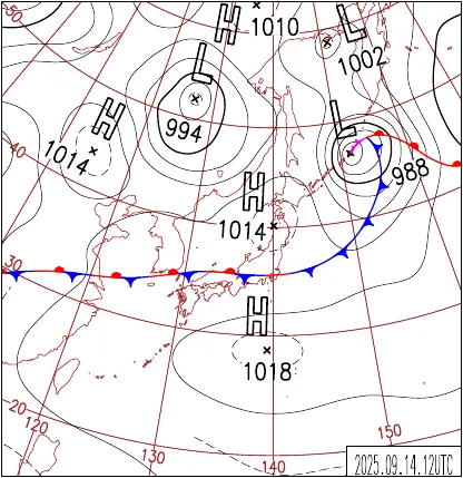 2025年9月14日21時の地上天気図