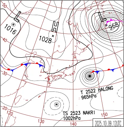 2025年10月9日21時の地上天気図