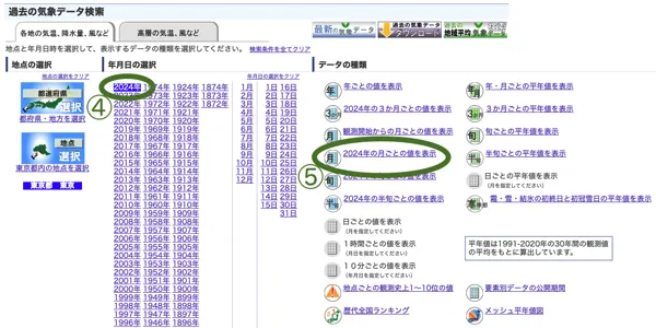 気象庁HP年月日選択画面