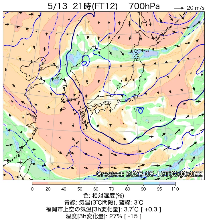 日本周辺の日本周辺の700hPa天気図12時間後