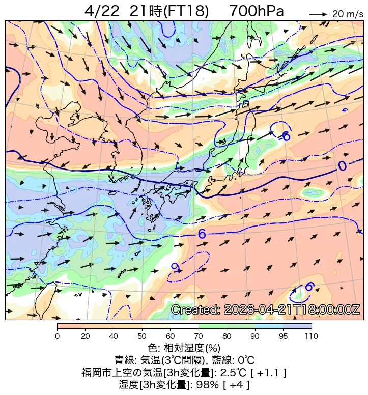 日本周辺の日本周辺の700hPa天気図18時間後