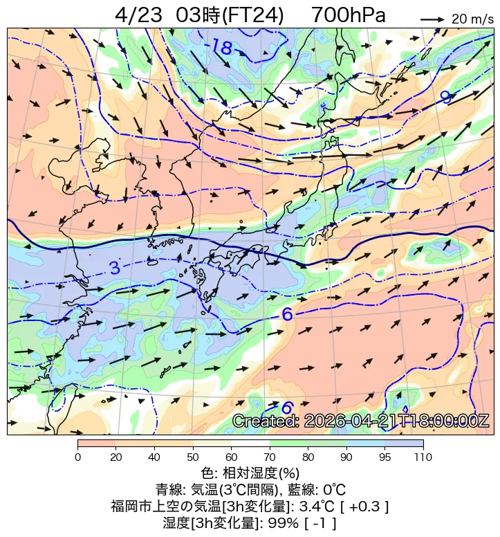 日本周辺の日本周辺の700hPa天気図24時間後